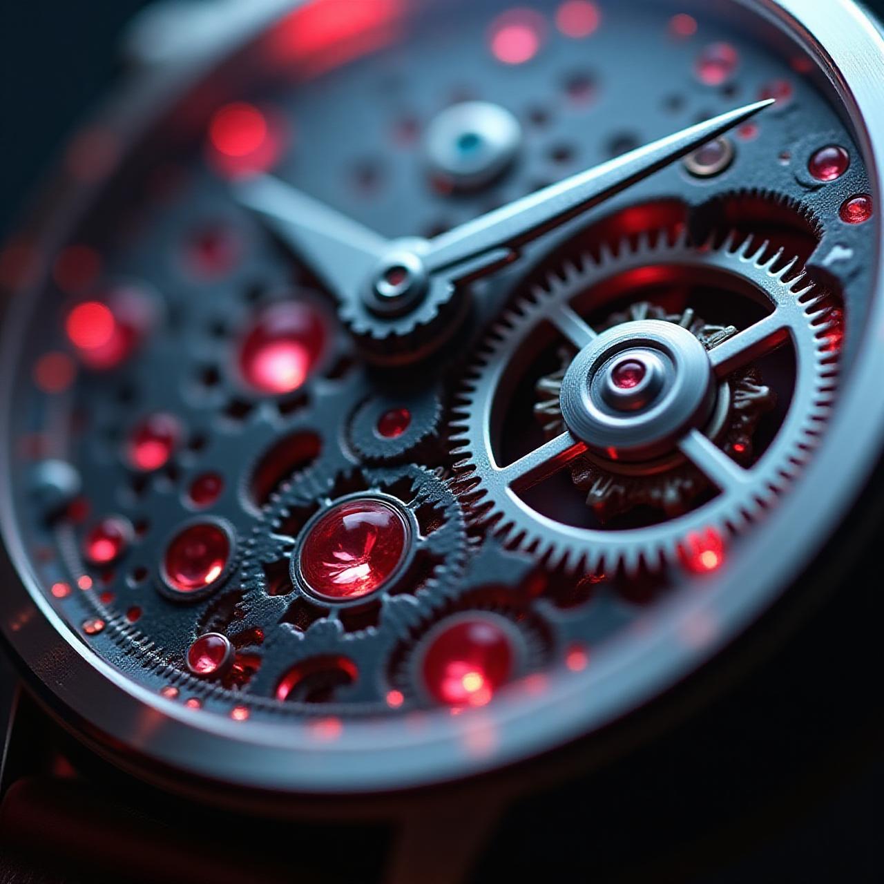 Macro shot of an automatic watch movement with vibrant highlights