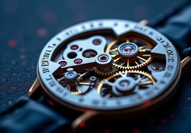 Precision watch movement components on a dark background