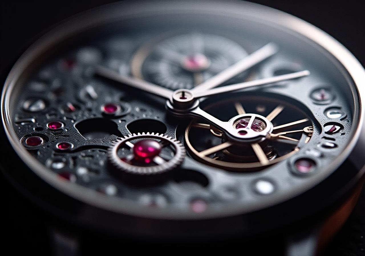 Close up of a luxury automatic watch movement with red accents