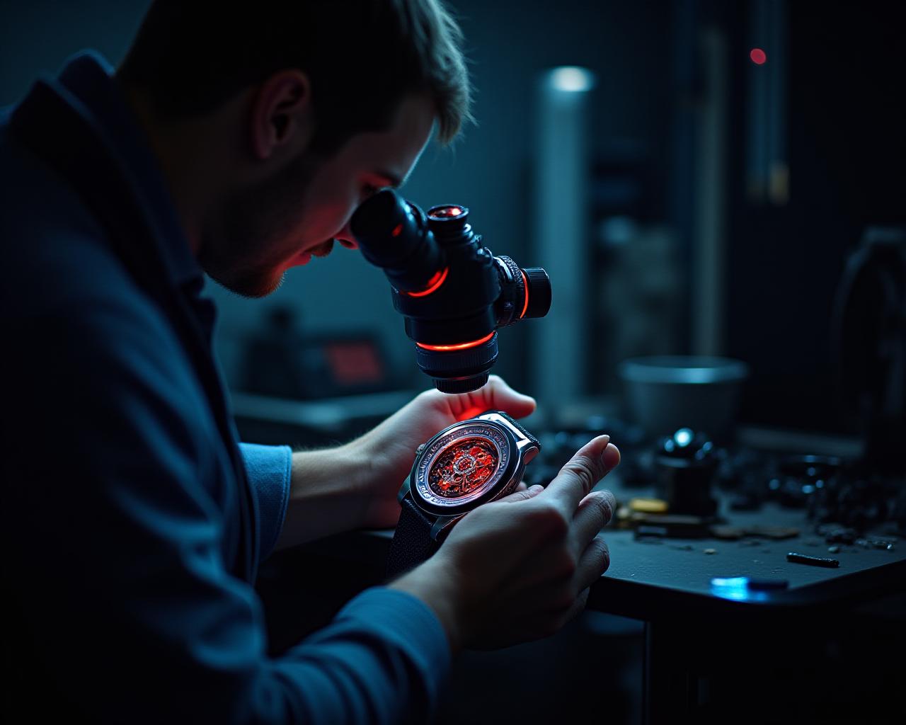 Master watchmaker repairing an automatic movement under a microscope